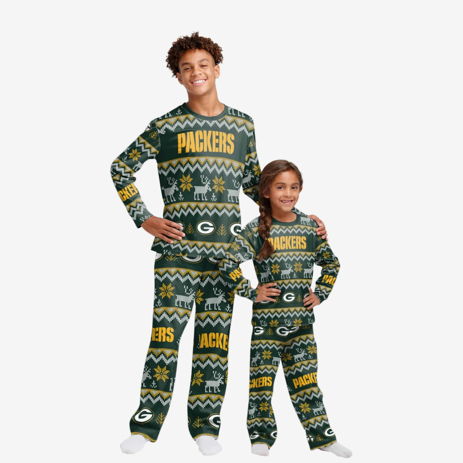 FOCO Green Bay Packers Youth Ugly Pattern Family Holiday Pajamas 1 FOCO Green Bay Packers Youth Ugly Pattern Family Holiday Pajamas