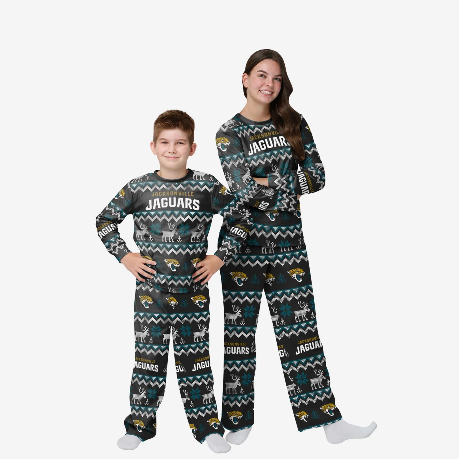 FOCO Jacksonville Jaguars Youth Ugly Pattern Family Holiday Pajamas 1 FOCO Jacksonville Jaguars Youth Ugly Pattern Family Holiday Pajamas
