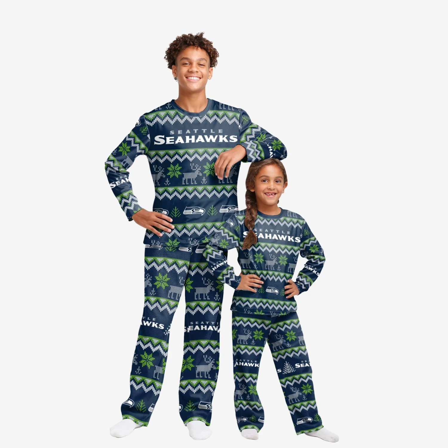 FOCO Seattle Seahawks Youth Ugly Pattern Family Holiday Pajamas 1 FOCO Seattle Seahawks Youth Ugly Pattern Family Holiday Pajamas