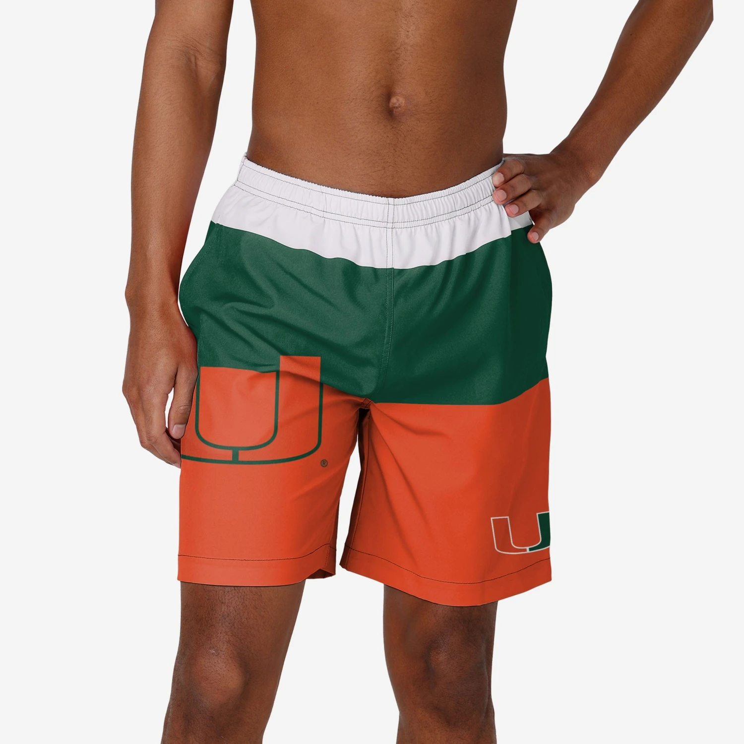 FOCO Miami Hurricanes 3 Stripe Big Logo Swimming Trunks 1 FOCO Miami Hurricanes 3 Stripe Big Logo Swimming Trunks