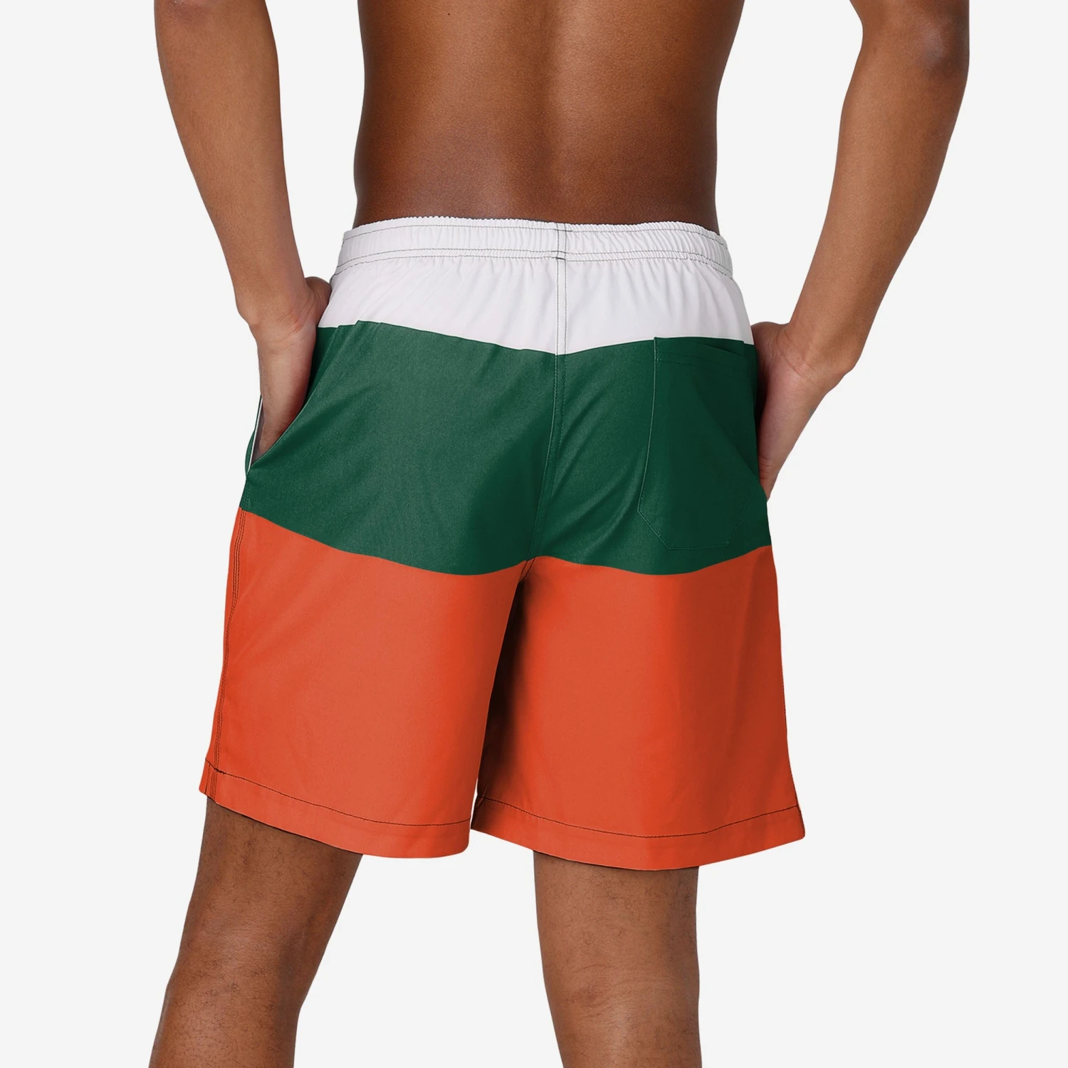 FOCO Miami Hurricanes 3 Stripe Big Logo Swimming Trunks 2 FOCO Miami Hurricanes 3 Stripe Big Logo Swimming Trunks - Image 2