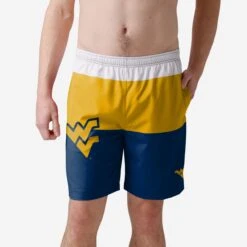 FOCO West Virginia Mountaineers 3 Stripe Big Logo Swimming Trunks