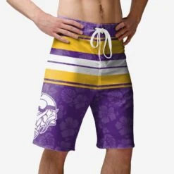 FOCO Minnesota Vikings Hibiscus Boardwalk Stripe Boardshorts