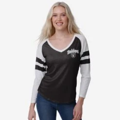 FOCO Las Vegas Raiders Womens Script Wordmark Striped Sleeve Raglan T-Shirt